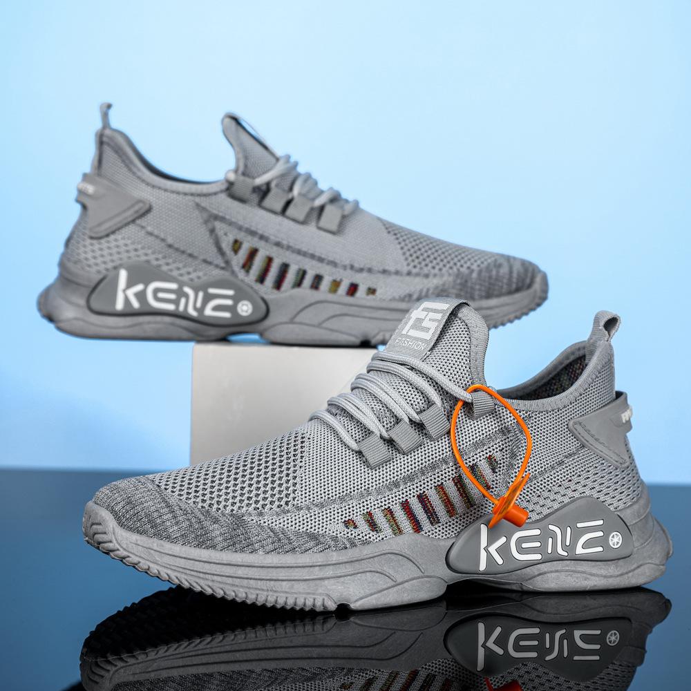 Spring New Men's Shoes for Foreign Trade Flying Knitted Sports Shoes Mesh Lace-up Running Shoes Korean Casual Men's Shoes