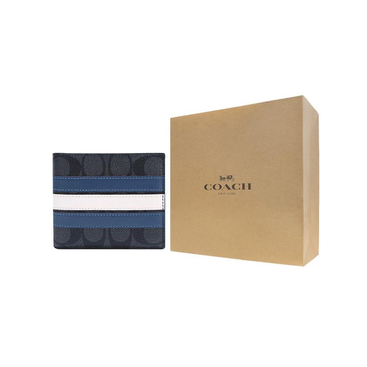 New COACH 3 IN 1 Wallet Canvas With Leather 3 in 1 Wallet Men's Old Flower Black/Blue White Stripes 3008-QBOH0