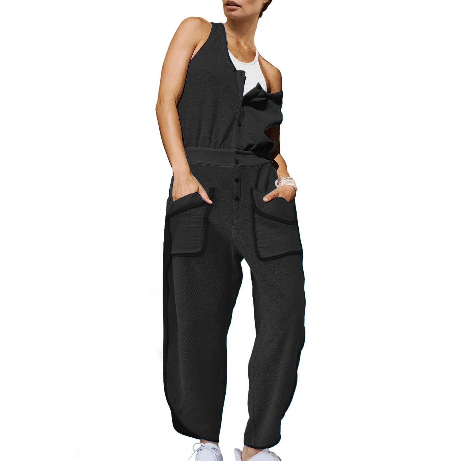 

Women s Casual Solid Color Round Neck Sleeveless Snap Button Elastic Waist Pocket Jumpsuit Clothes Sale S чёрный