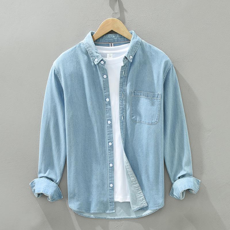 Herren Langarm Jeanshemd im japanischen Stil - Trendy und Lässig XL hellblaue