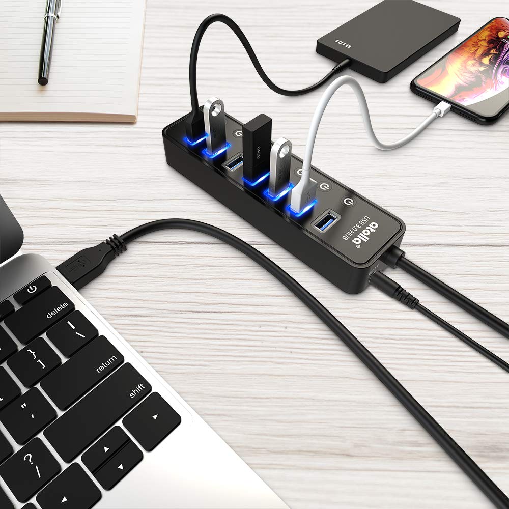 Atolla USB Expansion 1 Charging with Independent AC and 100cm USB 3.0 Hub, 7-Port + Port, Self-Powered/Bus-Powered, Switches, 5V/4A Adapter, Cable.