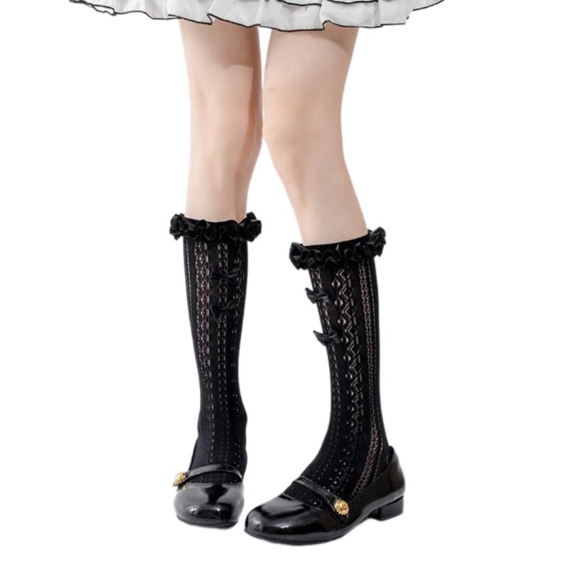 Women Japanese Aesthetic Hollowout Mesh Middle Tube Socks Striped Patterned Ruffle Trim Over Calf Socks with Bows Accent