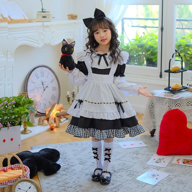 Black and White Plaid Long Sleeve Maid Dress Alice Lori Lolita Princess Dress Children's Dress Girls Lolita Performance Dress