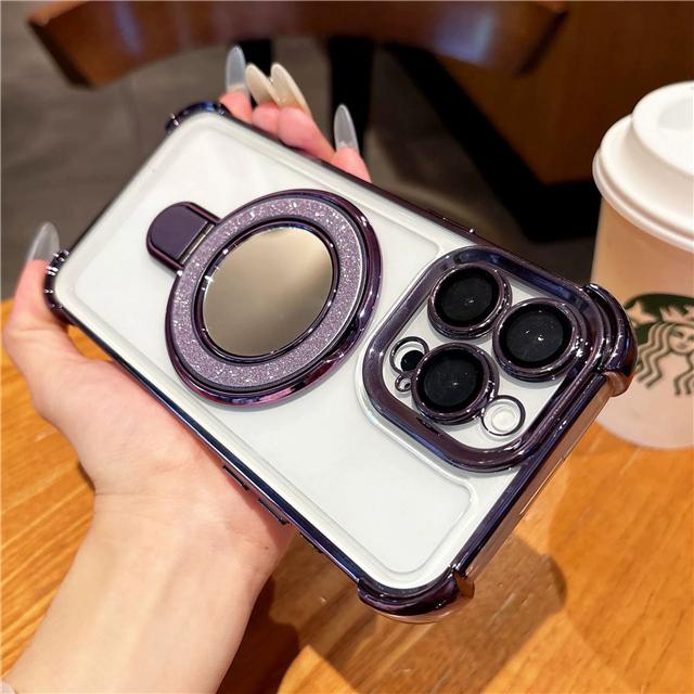 Luxury Plating Flash Mirror Clean Frame Bracket Stand Phone Case For iPhone 11 13 14 15 Plus 16E 16Pro Max Lens Protective Cover