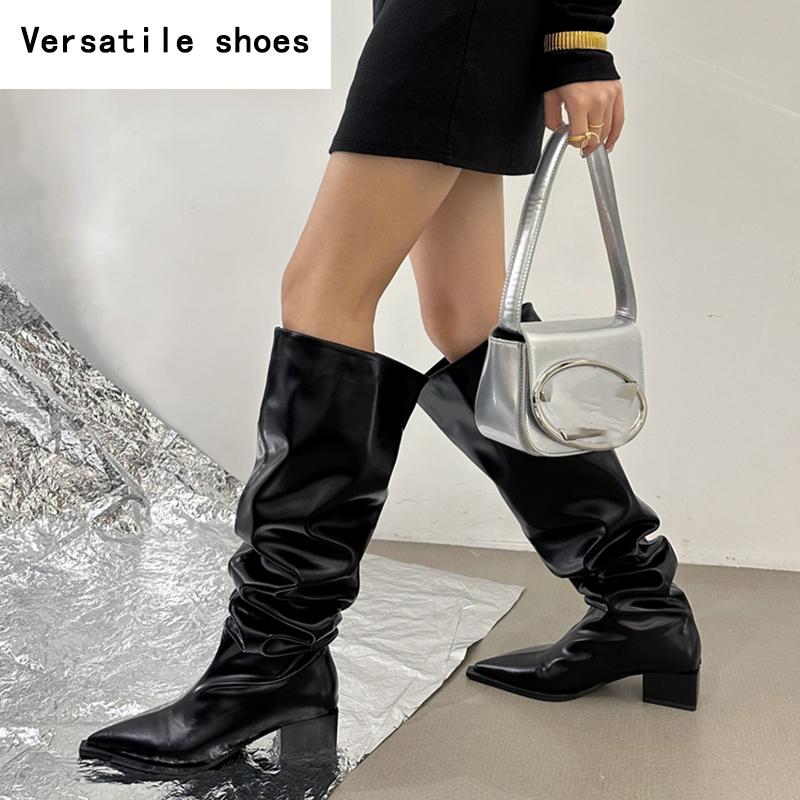 Street Style Pleated Women Knee High Boots Fashion Pointed Toe Long Booties Designer Square Heels Botas De Mujer
