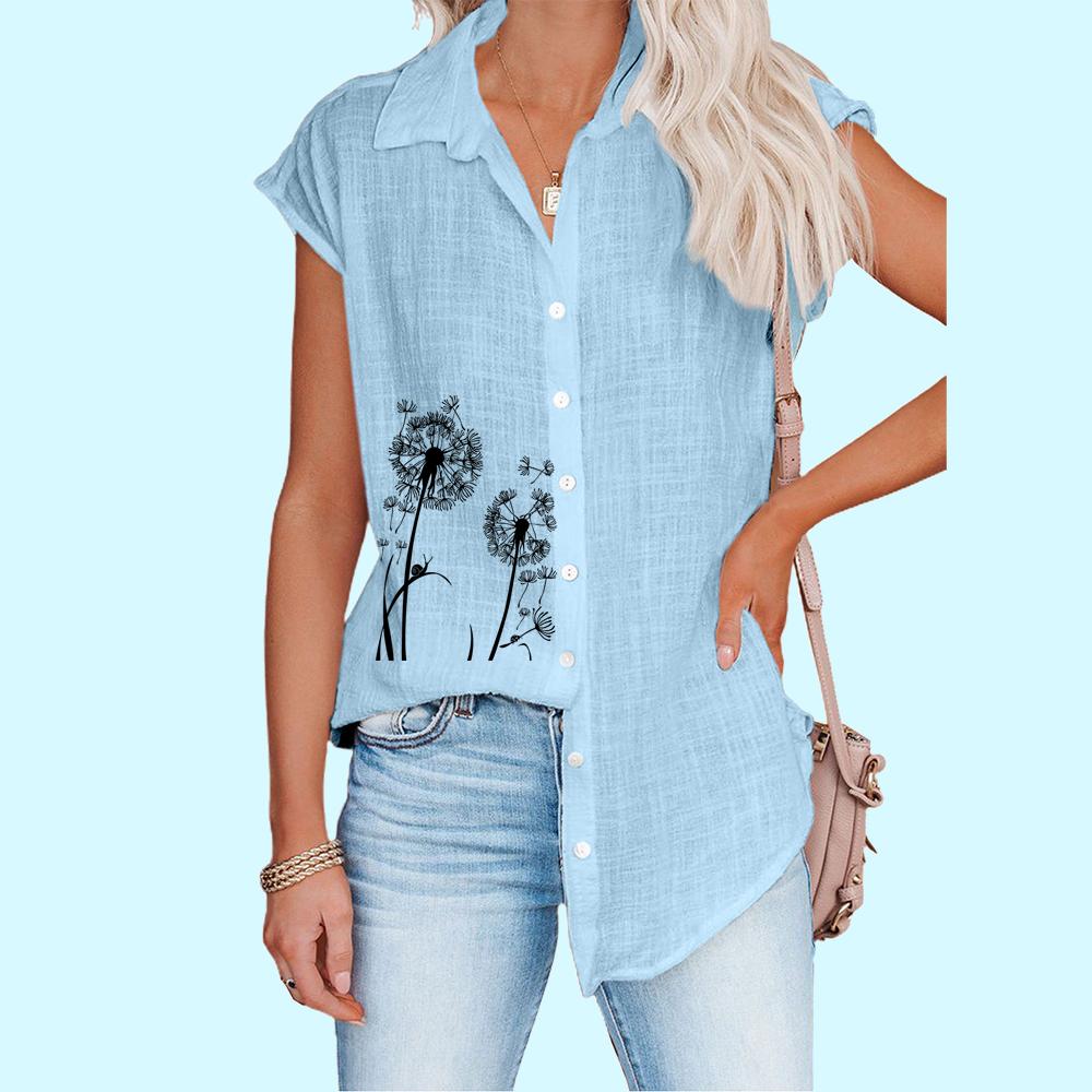 Women Fashion Sleeveless Shirt Spring/Summer Casual Print Top Ladies Thin Button-down Blouse