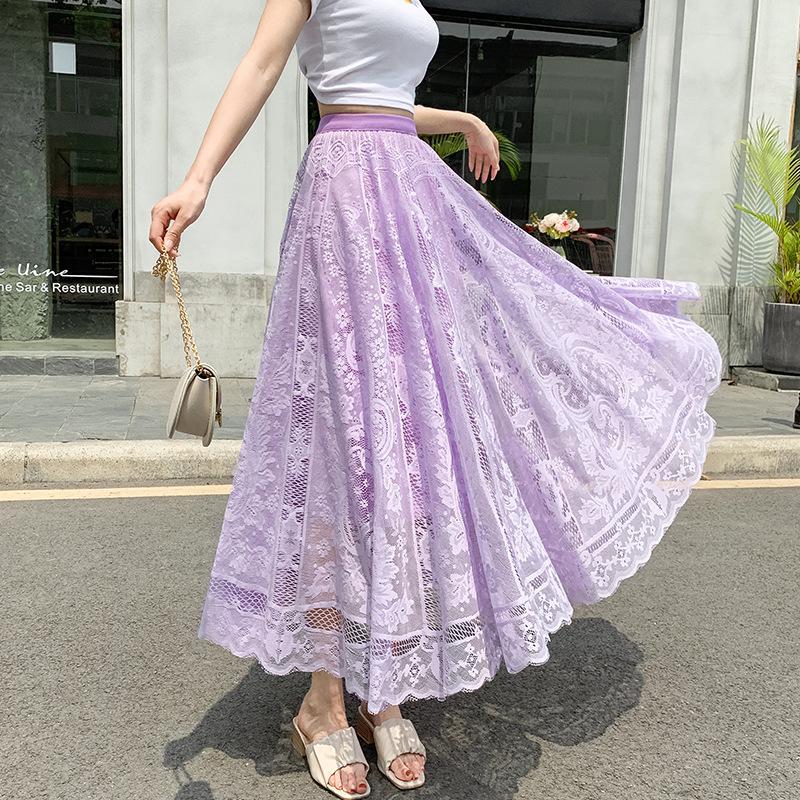 

Spring Summer Women Lace Skirts Solid High Waist Elastic Vintage Elegant Office Ladies Long Skirts One Size