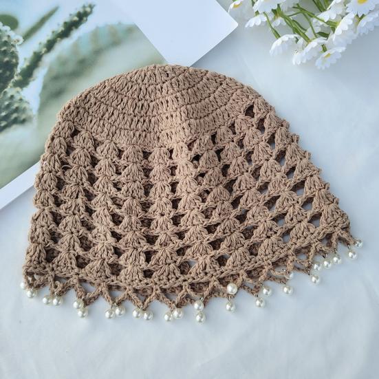 Knitting Hat Bohemian Style Hollow Design Women Hat with Faux Pearls Pendant Lightweight Elastic Hat Headwear