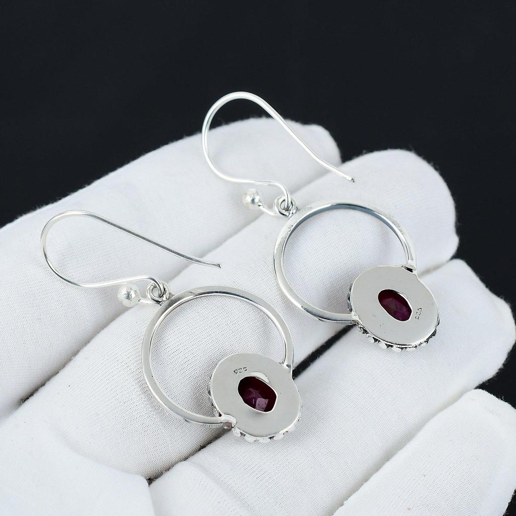 Natural Kashmir Ruby Gemstone Earrings, 925 Sterling Silver Earring, Handmade Boho Silver Jewelry Dangle Earrings, Birthday Gift For Wife
