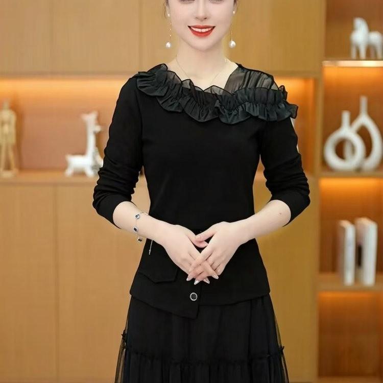 

Elegant French Mesh Splicing Women s Base Layer: Stylish, Flaw-Hiding Slim Fit Top for Spring/Autumn with High-End Feel. L (85-100 jin)