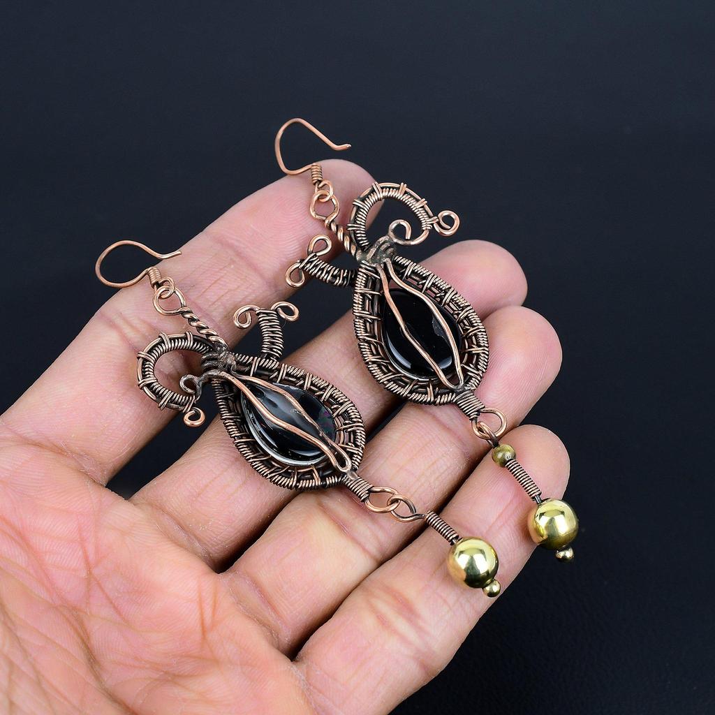 Green Flash Triplet Opal Earrings, 999 Copper Wire Wrapped Earrings, Handmade Gemstone Jewelry Earrings For Memorial Day