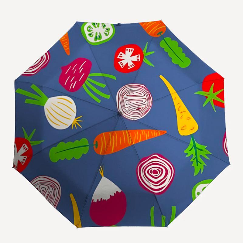 1pc Vegetables Pattern Auto Open/Close Umbrella with One-Touch Button, Compact Folding Canopy, Sturdy 8-Rib Windproof Design 005