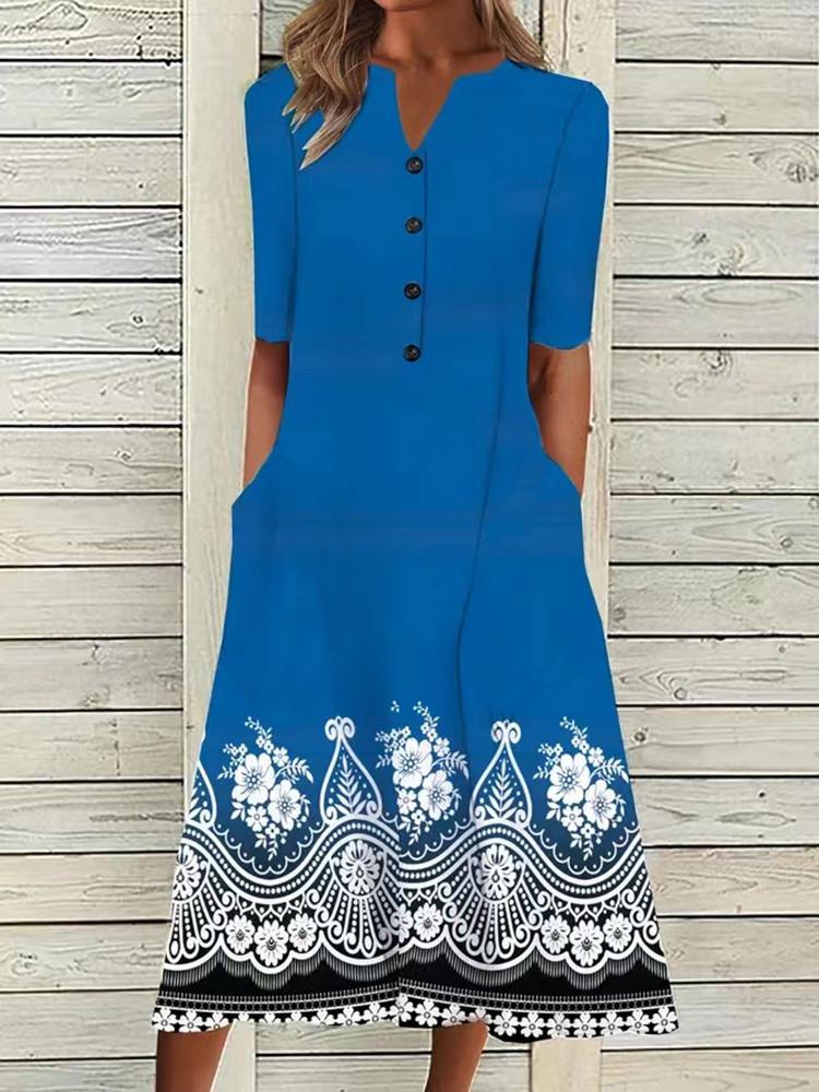 Floral Print V-Neck Mid-Sleeve Casual Dress with Pockets, Button Front, Loose Fit - White/Light Blue/Pink