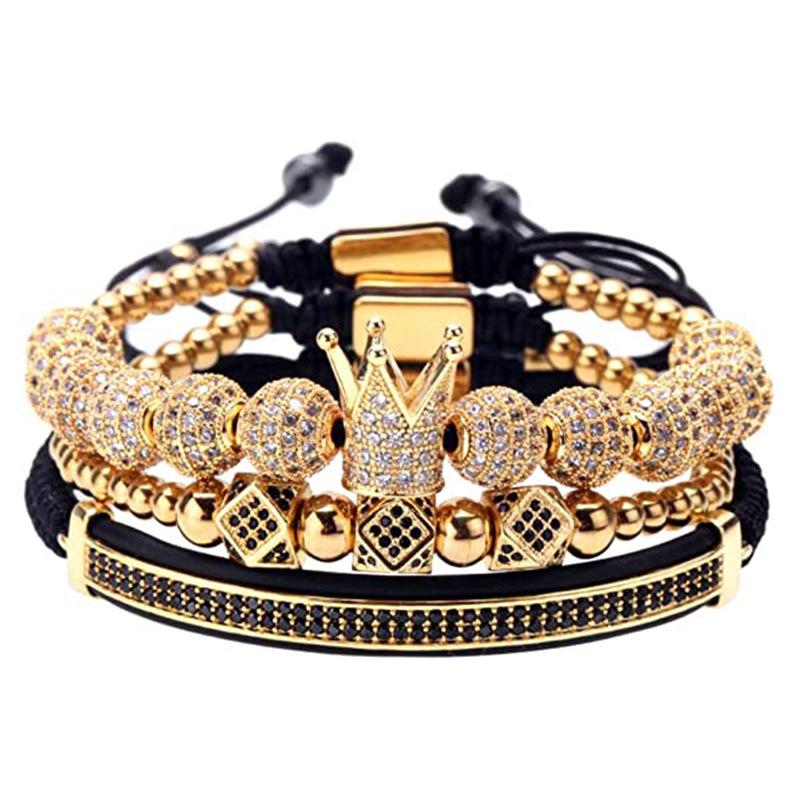 Men's Copper Zirconia Crown Ball Rhombus Double Row Crescent Bracelet Set