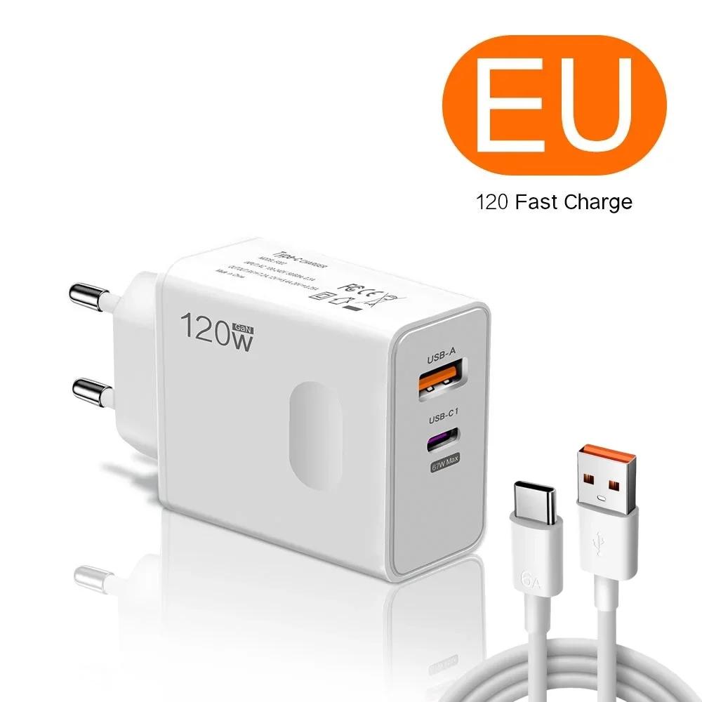 120W GaN USB C PD Charger Quick Charge 3.0 Fast Phone Charger Adapter For iPhone 16 Xiaomi EU/US Plug Portable Wall Fast Charger