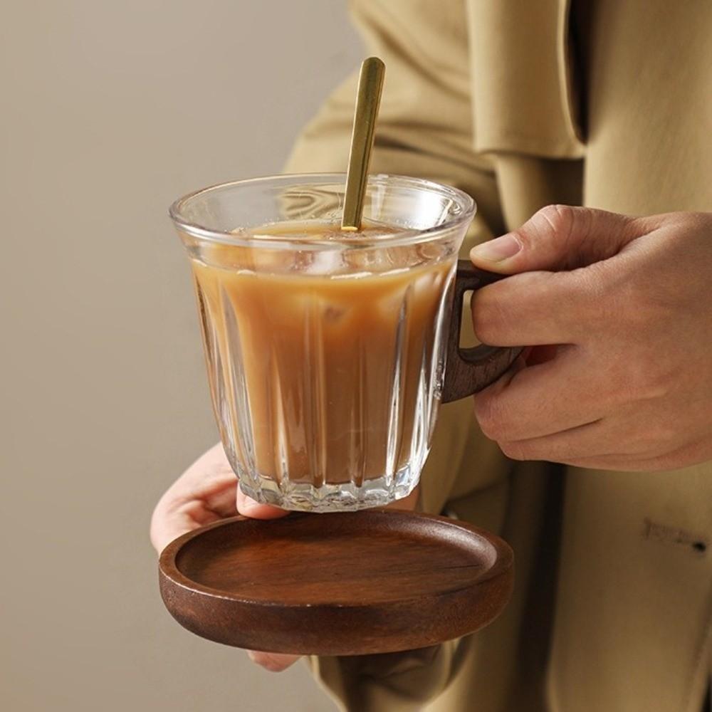 Wooden Plate Espresso Latte Cup Heat-resistant Glass Coffee Cup Creative Coffee Mug  Office