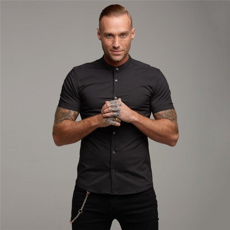 

Muscleguys модная мужская рубашка с короткими рукавами, летняя повседневная рубашка с воротником-стойкой, простой дизайн и стиль ретро M чёрный