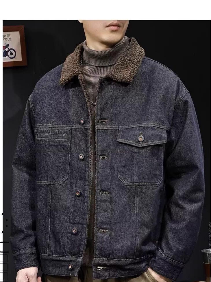 Pánská silná džínová bunda v americkém stylu 2025: Teplé, plyšové zimní oblečení