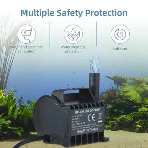 Submersible Pump, Electric 600L/H Small Fountain Pump, Up to 7.2 Feet Head, 6.5 Feet USB Cable and Suction Cup Base, Ideal Mini Pump for Fish Tanks, P