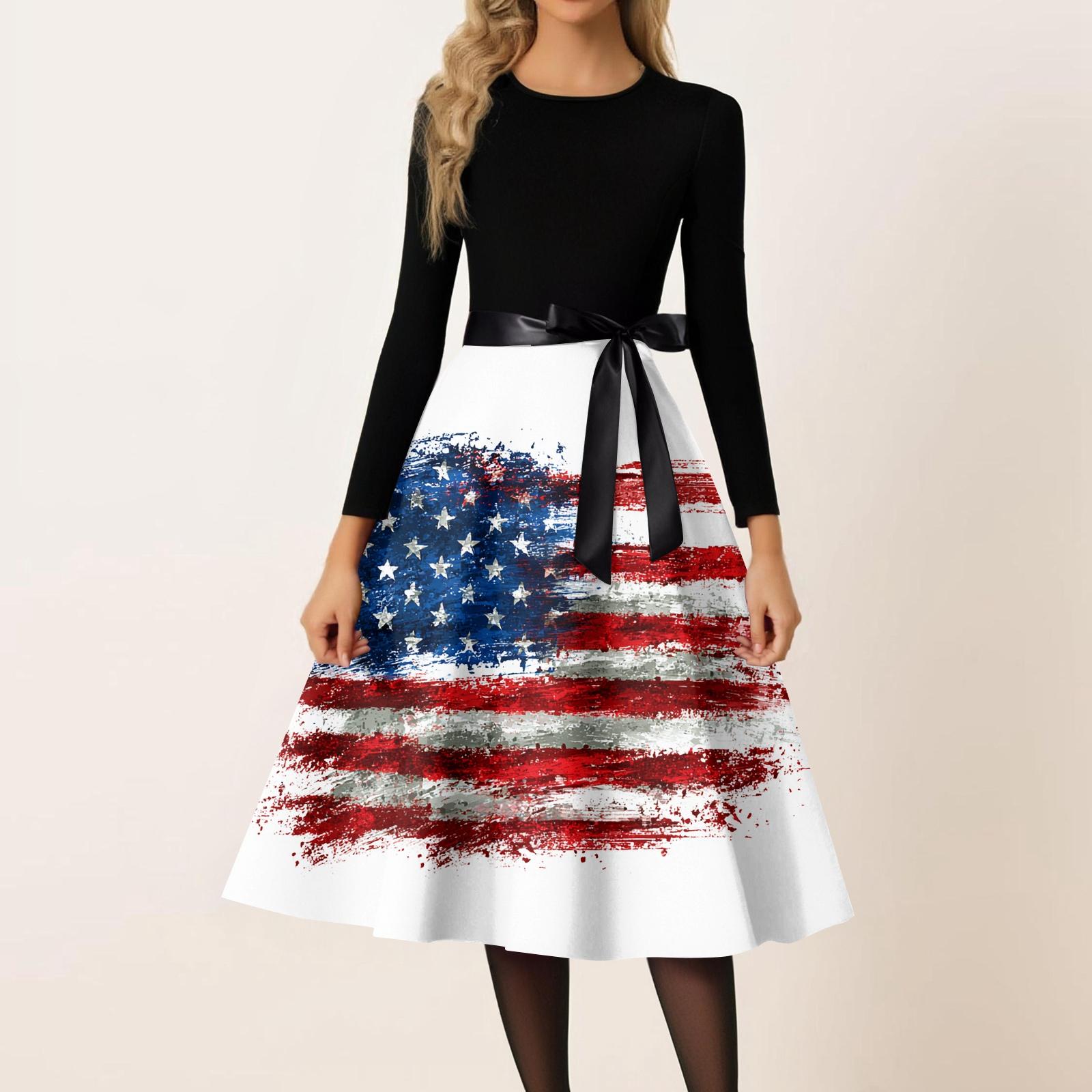 

Women s Casual Fashion Round Neck Independence Day Print Retro Dress XL