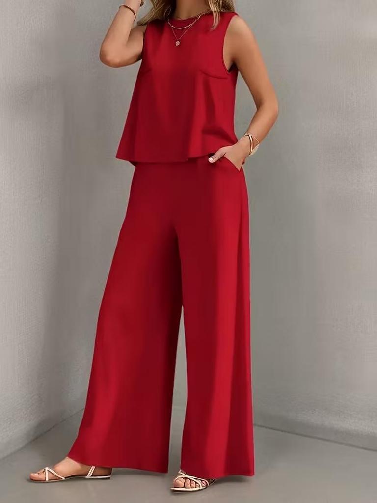 European & American Women's Fashion Set: Sleeveless Solid Top & Wide-Leg Pants 2026