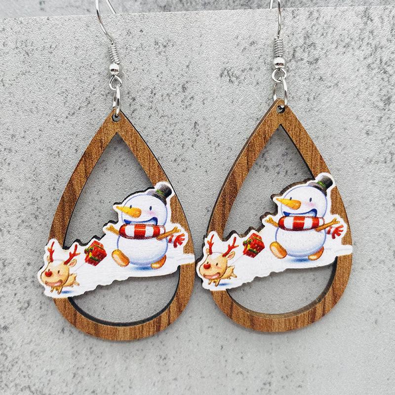 Teardrop Santa Claus Bell Car Red Ornaments: Wooden Christmas Earrings