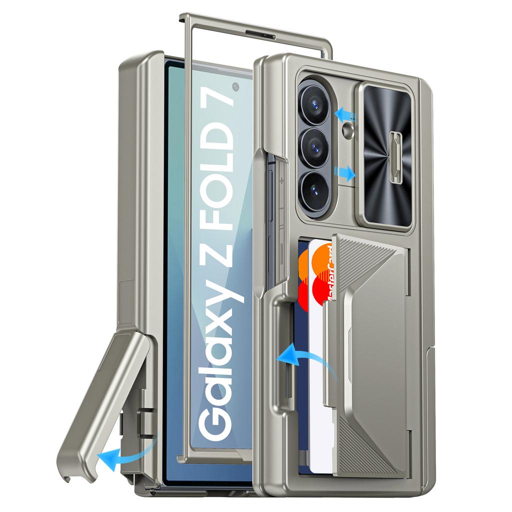 for Samsung Galaxy Z Fold 7 With Card Holder RFID Blocking,Built in Slide Lens Cover & Hinge Protection&Kickstand & Screen Protector,Wallet Case-Gold