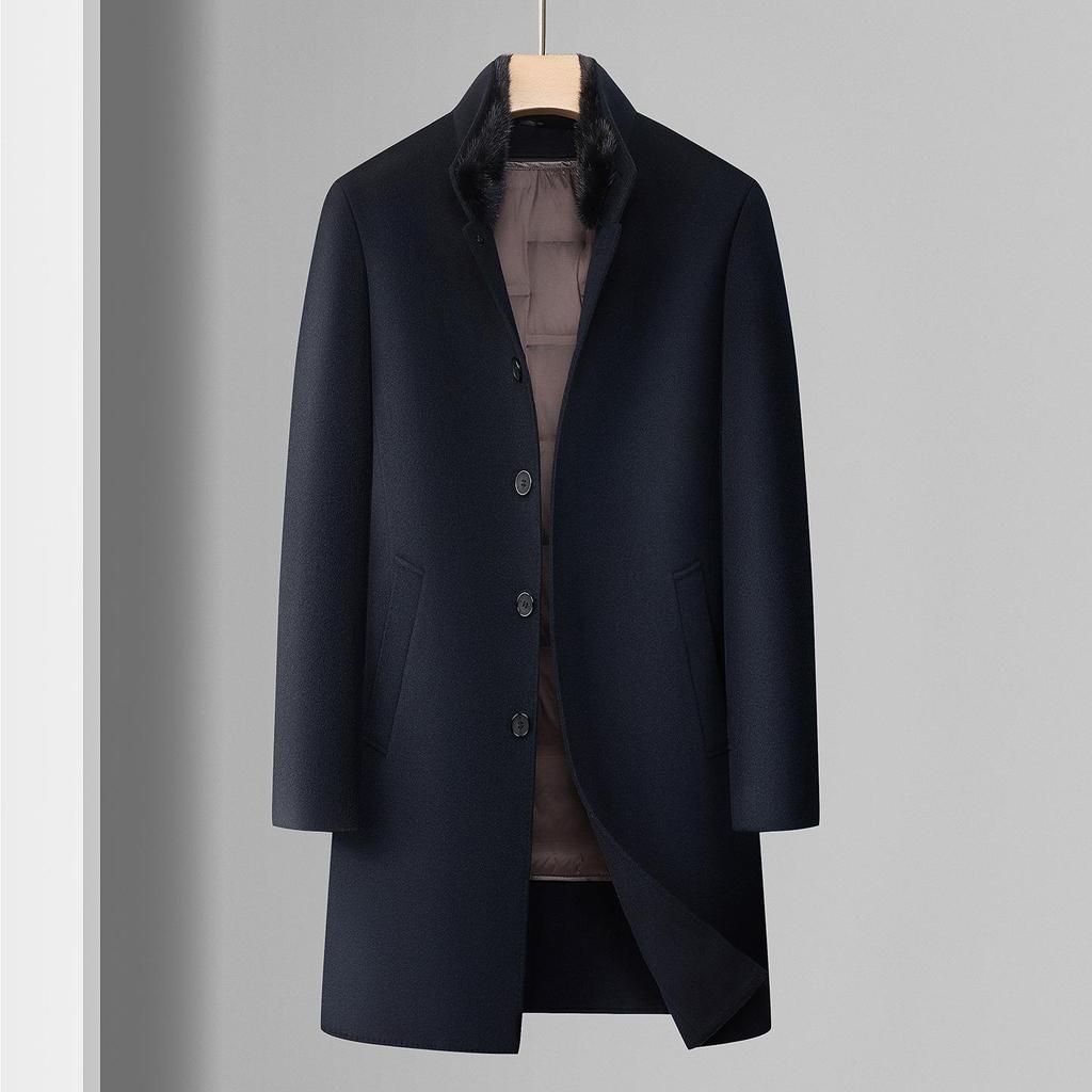Men's Double-Sided Wool Coat with Detachable Down Liner and Stand Collar