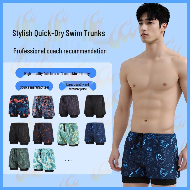 Men's Quick-Dry Double-Layer Swim Trunks - Large, Anti-Embarrassment, Boxer Style, Professional Hot Spring Set