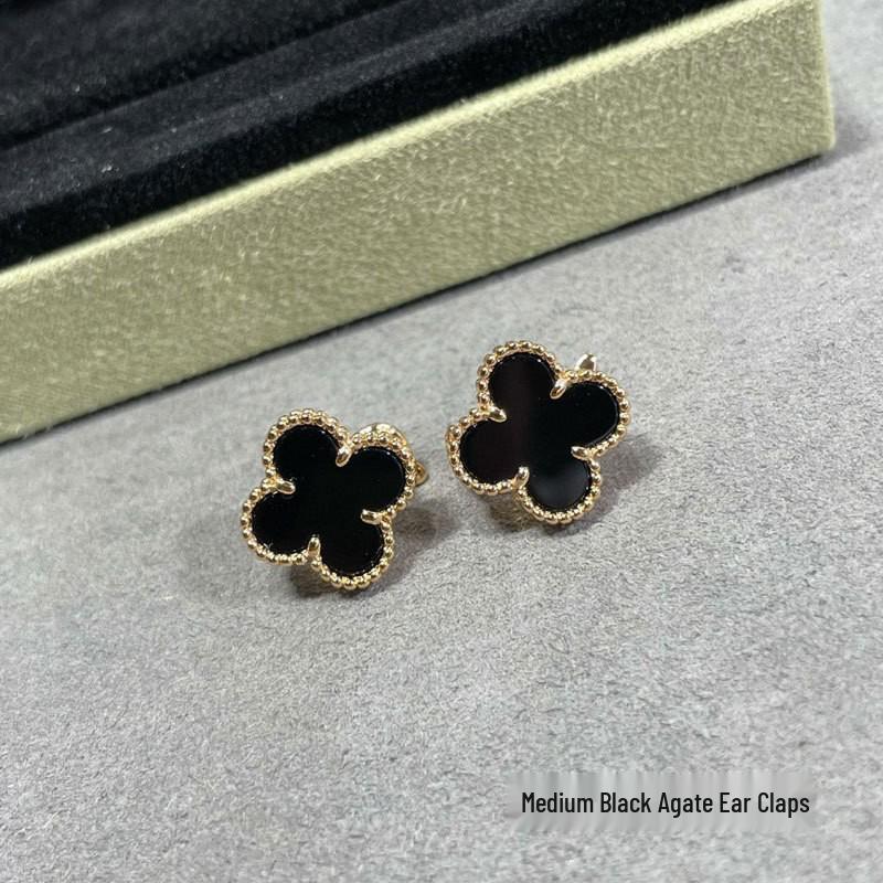 High-Version 18K Rose Gold Earrings: Four-Leaf Clover with White Mother-of-Pearl & Red Agate - Fashionable, Luxurious, INS Style.
