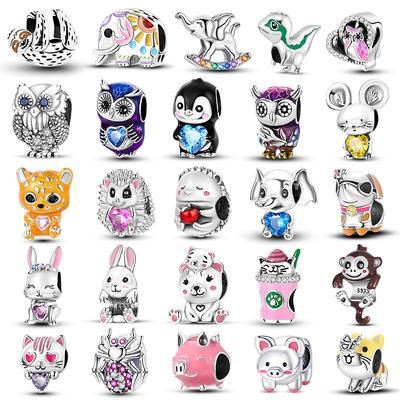 Charms de Animais em Prata 925 Elefante Coelho Coruja Ouriço Preguiça Macaco Zircônia Joias DIY Fabricação de Pulseiras Brilho Original