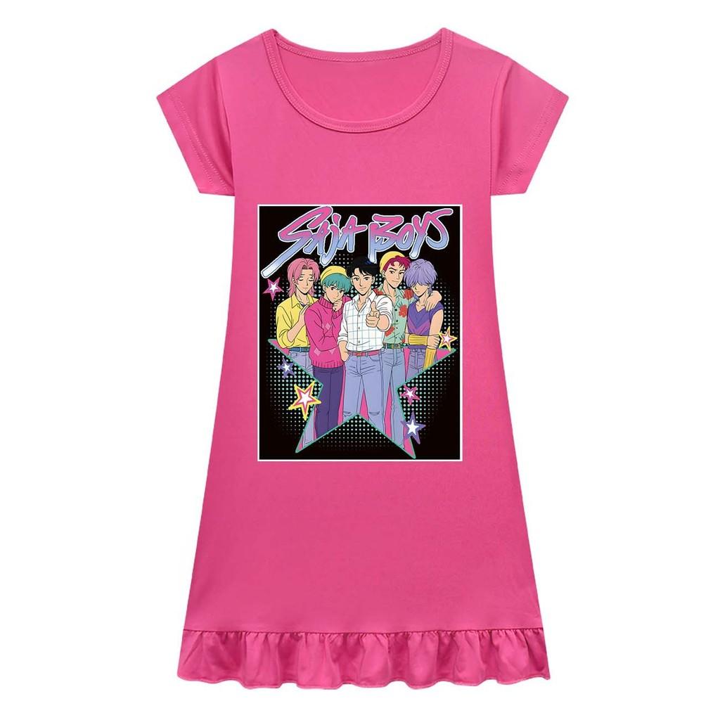 Kids Girls Anime Cartoon K-POP Rumi Zoey Mira Print Pleat Short Sleeve Casual Round Neck Dress