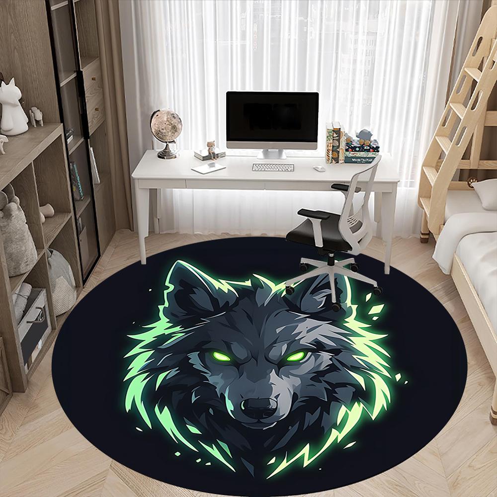 1pc Wolf Neon Office Round Area Rug, Under Office Chairs Bedroom Living Room Home Decor, Room Deco, Available in Various Sizes