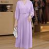 Women Casual V-Neck Solid Color Loose 3/4 Sleeve Dress