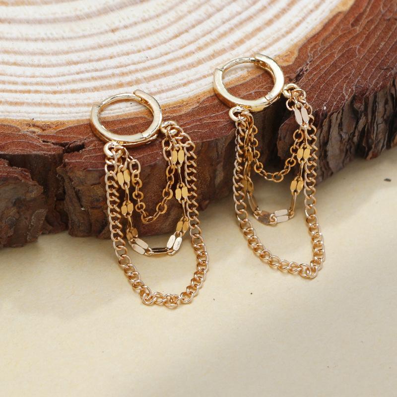 Tassel Chain Round Copper Buckle Earrings Unisex Fashion Jewelry