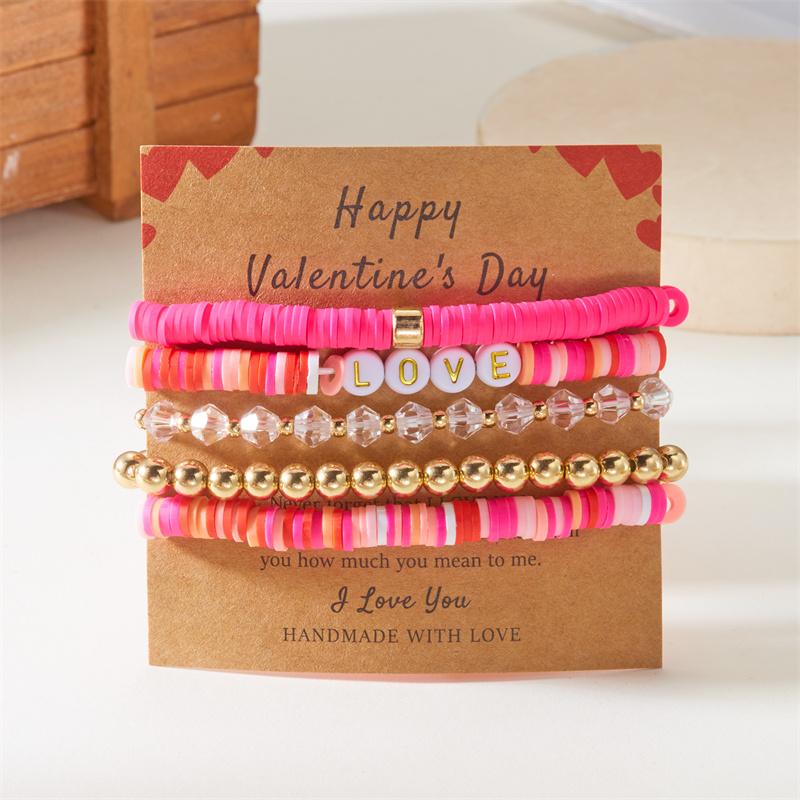 5/6/7Pcs/Set Bohemian Polymer Clay Beaded Bracelets for Women Romantic Sweet Pink Wristband Bangle Valentine's Day Jewelry Gift