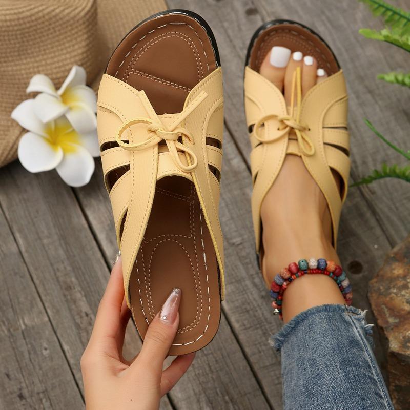 Slippers Women's Summer New Large Size One-word Hollow Bow Thick-soled Wedge Casual Sandals