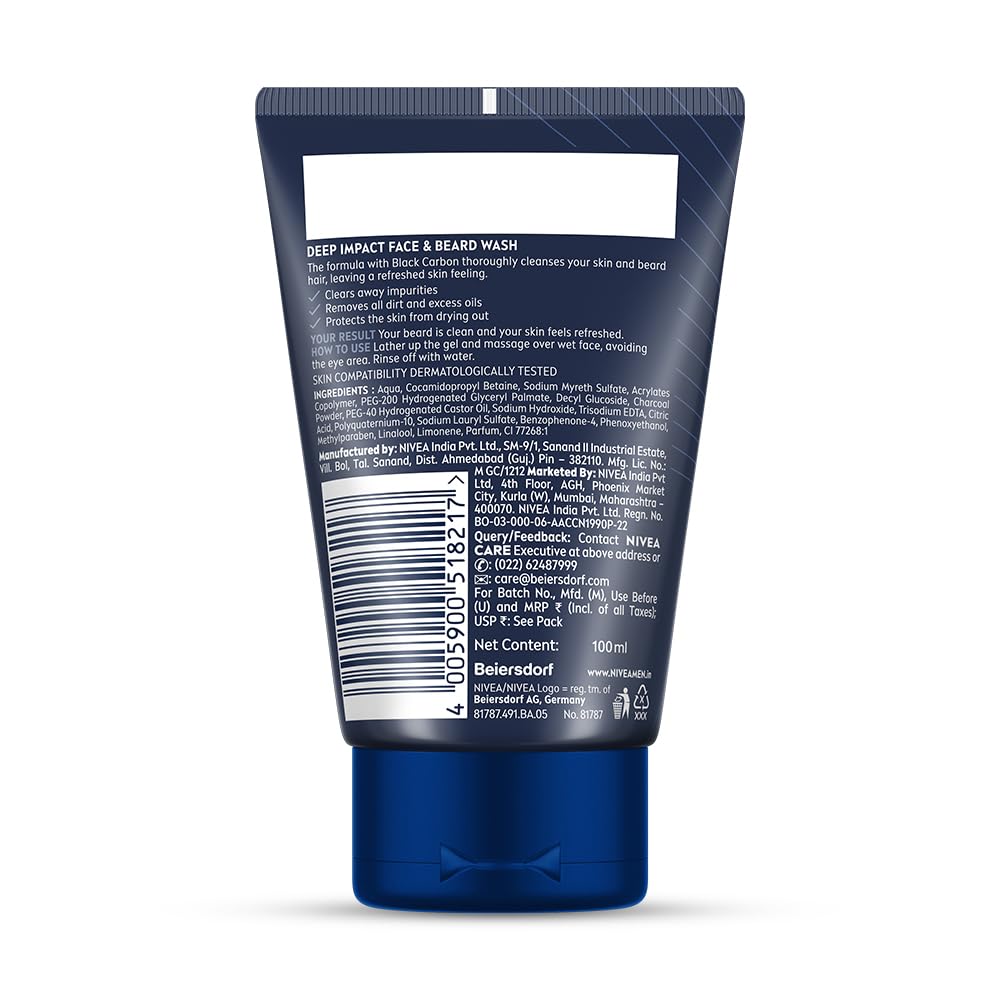 Nivea Men Deep Impact Face Wash 100g For Beard & Face | Oil Control & Pore Cleansing With Charcoal | Removes Impurities Gently