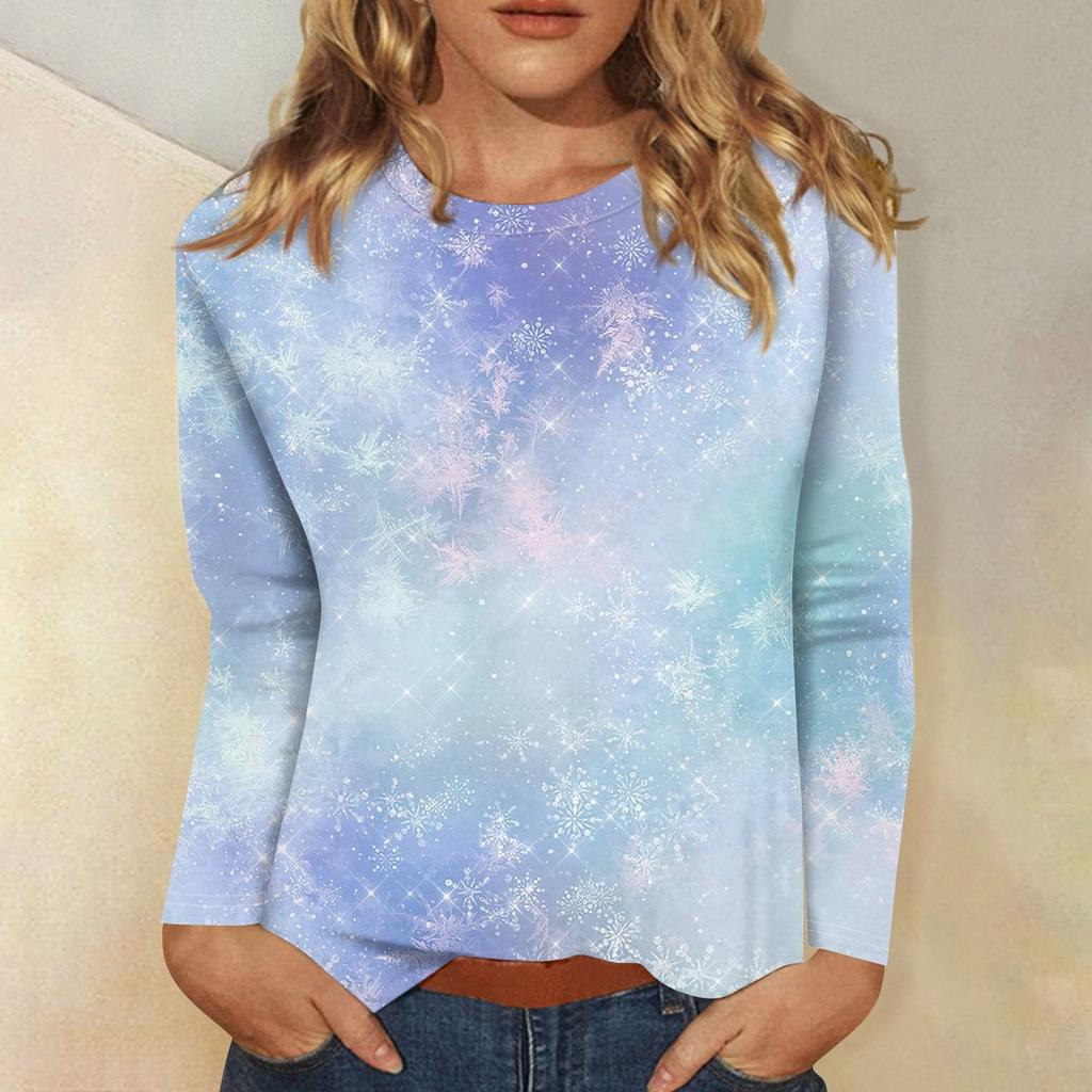 Women's Fashion Casual Christmas Print Round Neck Long Sleeve Decorative T-Shirt Top
