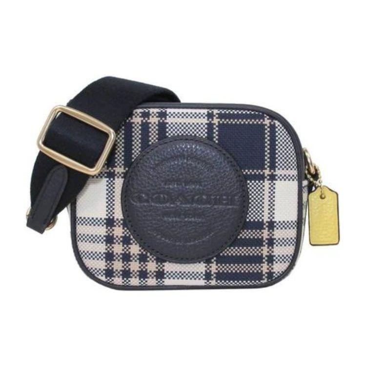 Coach Dempsey 14 Classic Plaid Jacquard Pebble Leather Camera Bag Women Shoulder Bag Dark-Blue White C8681-IMF23