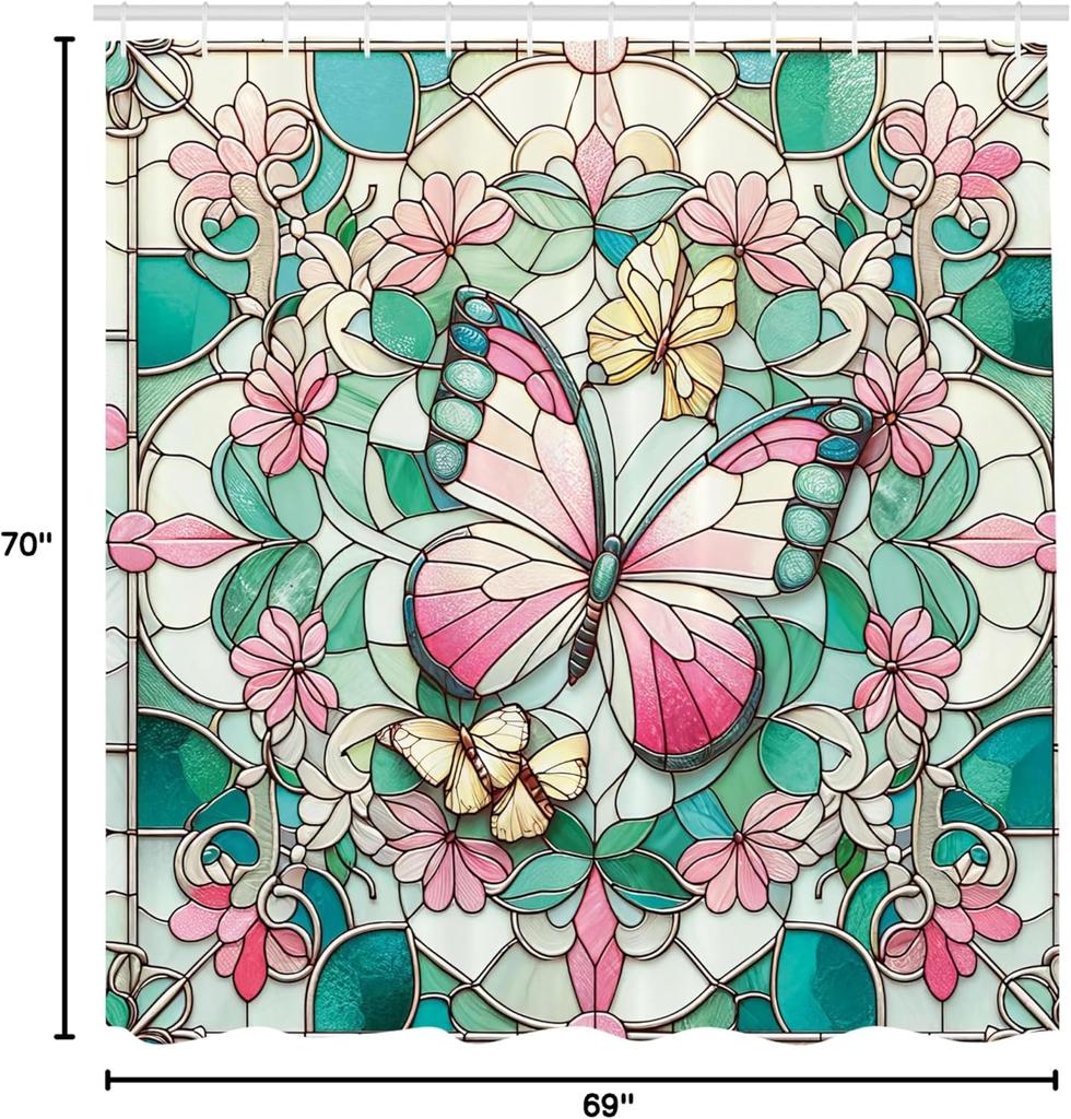Vintage Shower Curtain, Mosaic Stained Glass Inspired Illustration Of Spring Flowers And Butterfly, Cloth Fabric Bathr