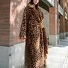 Fur leopard print extended loose suit collar fur jacket imitation rabbit fur knee coat lapel collar women