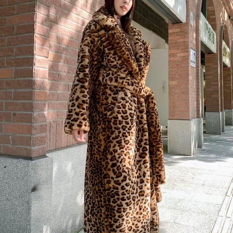 Fur leopard print extended loose suit collar fur jacket imitation rabbit fur knee coat lapel collar women