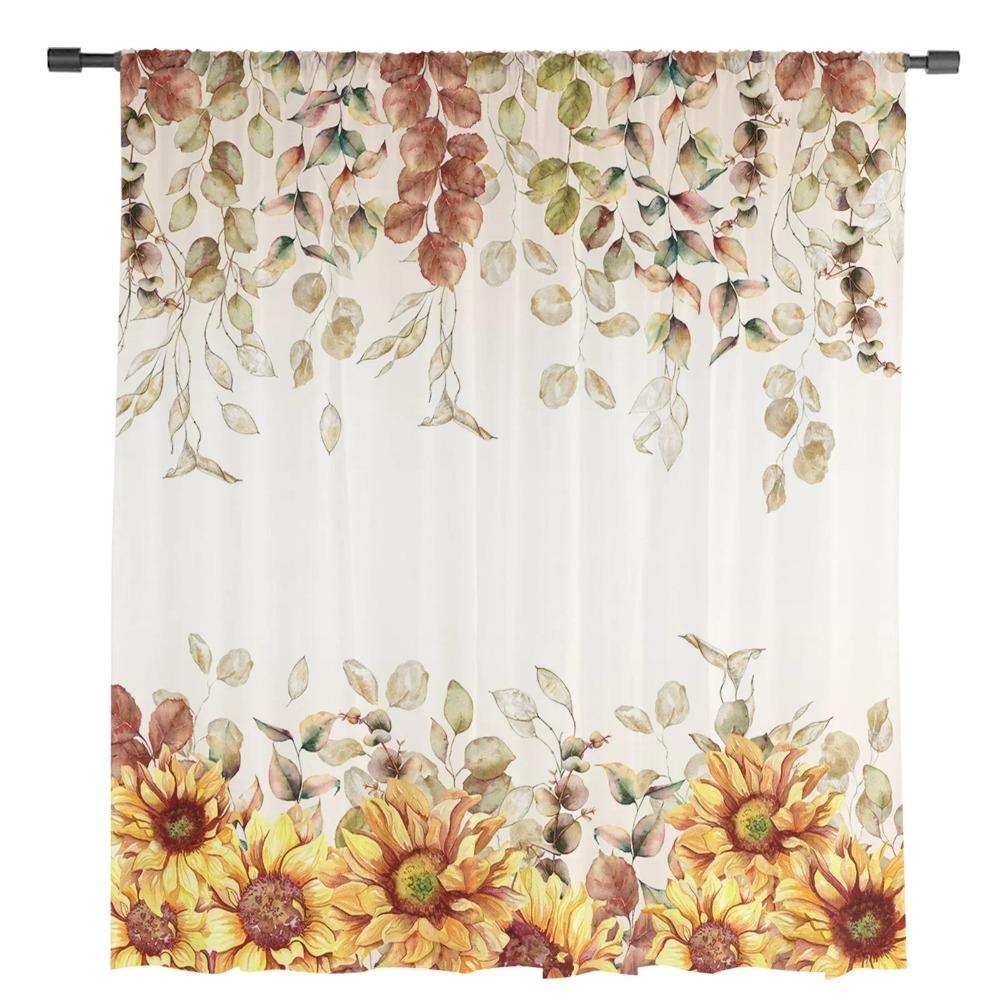 Pastoral Style Eucalyptus Leaves Sunflower Plant Sheer Curtains Home Window Decor Voile Tulle Curtains For Living Room Bedroom