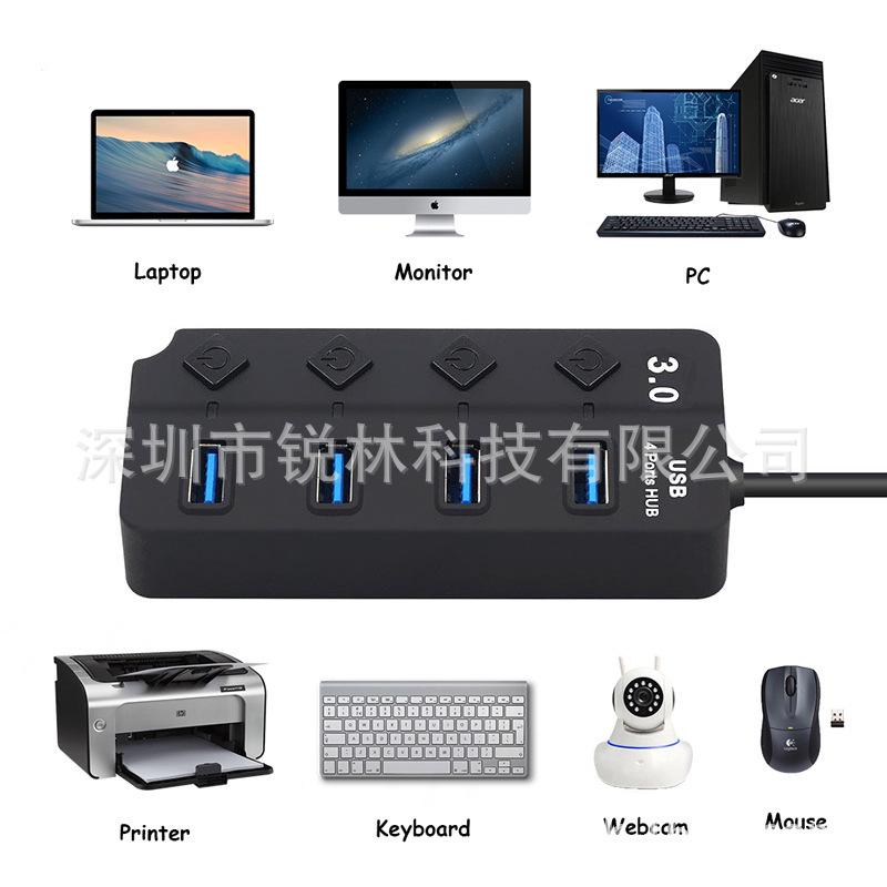 Rhombus 4-Port USB 3.0 Hub with Switch – One-to-Four Desktop Splitter Dock