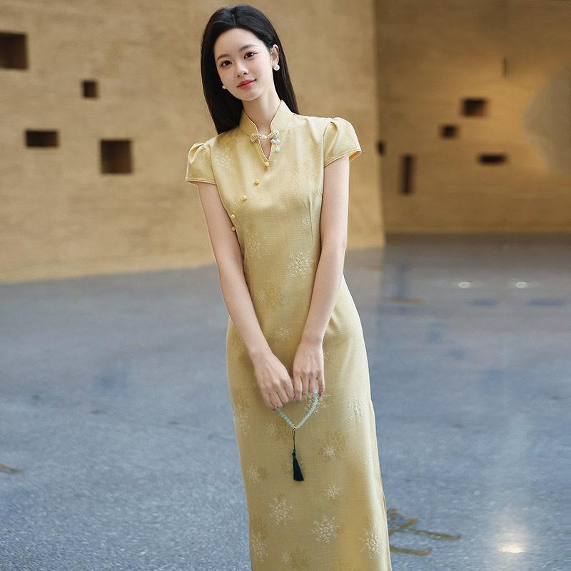 Yellow V-Neck Modern Chinese Style Long Cheongsam Dress Women 2026 Short Sleeve Elegant Daily Wear