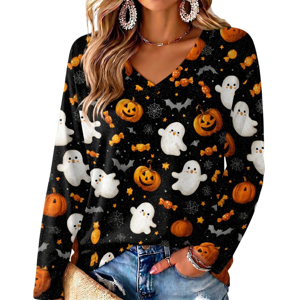 Women's V-Neck Long Sleeve Halloween Print Lightweight Blouse for Fall Parties and Everyday Wear