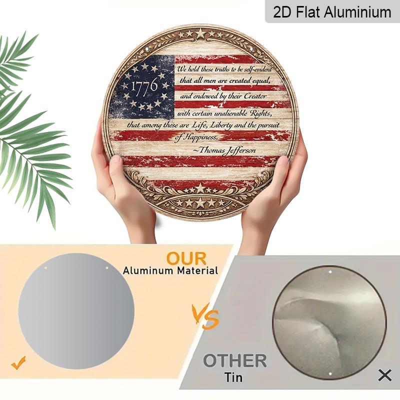 2D Flat, 1pc Round Aluminum Hanging Sign, Vintage Plaque Featuring "American Flag 1776 Declaration of Independence" with THOMAS Jefferson Quote