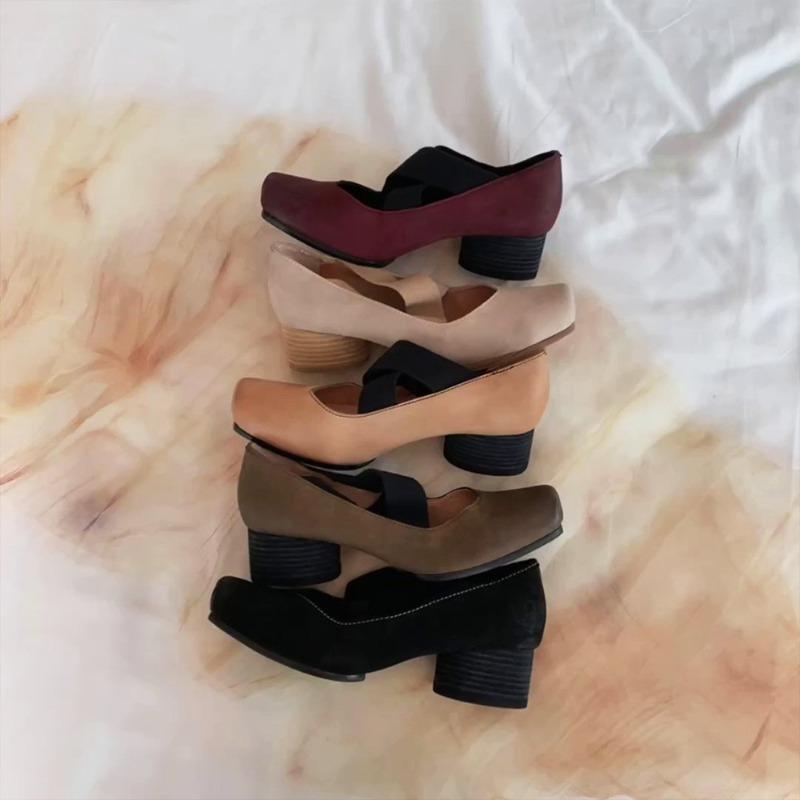 ! Shoes, Square Head Polished Retro Cross Strap Flat Heel Thick Heel, Ballet Shoes Single Shoes