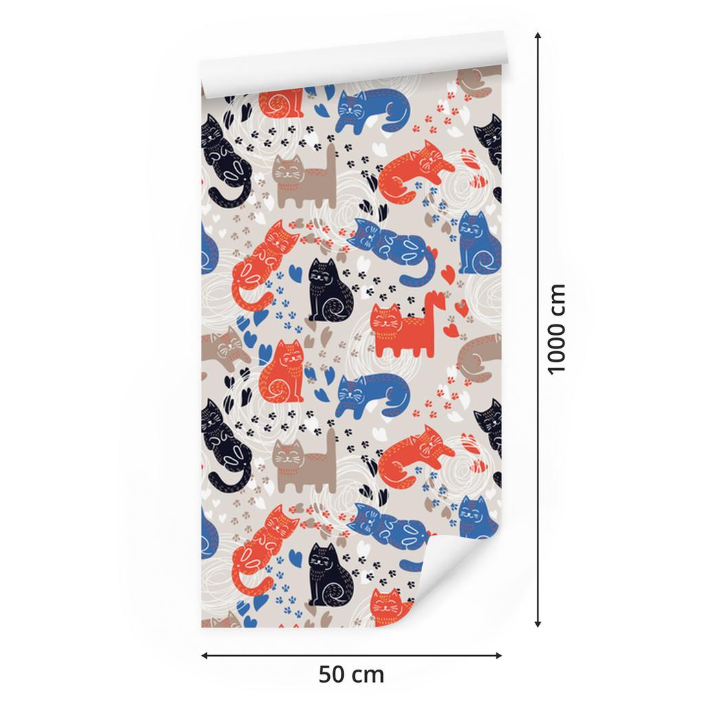 Colorful Kittens Wallpaper in Scandinavian Style for Living Room and Bedroom 50x1000